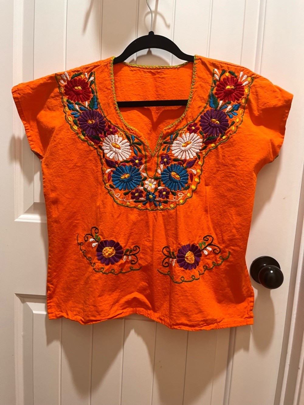 Women's Orange Mexican Embroidered, Puebla Blouse - No Size Tag - M/L
